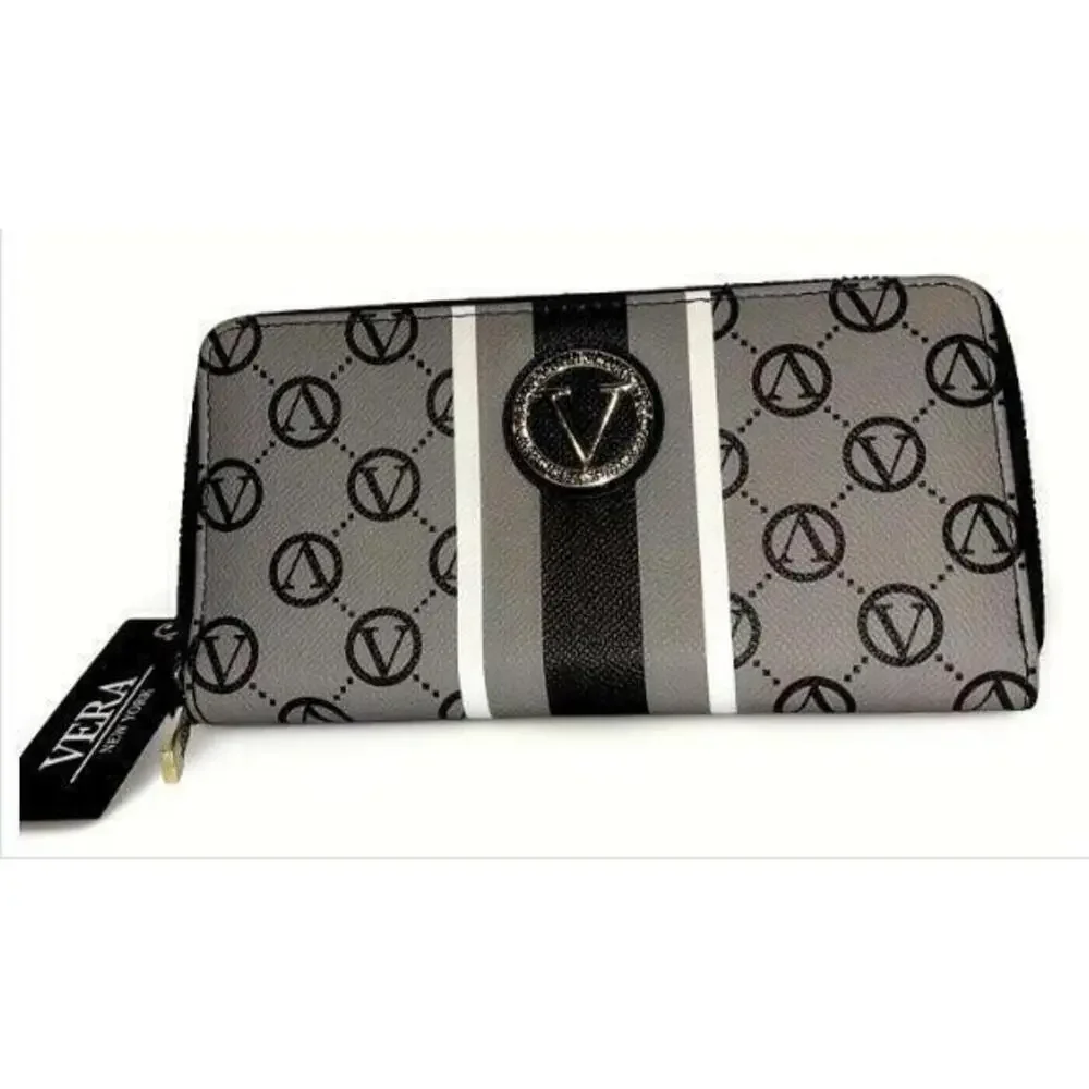 Vera New York Zip Around Wallet Gray/Black Stripe Designer NWT